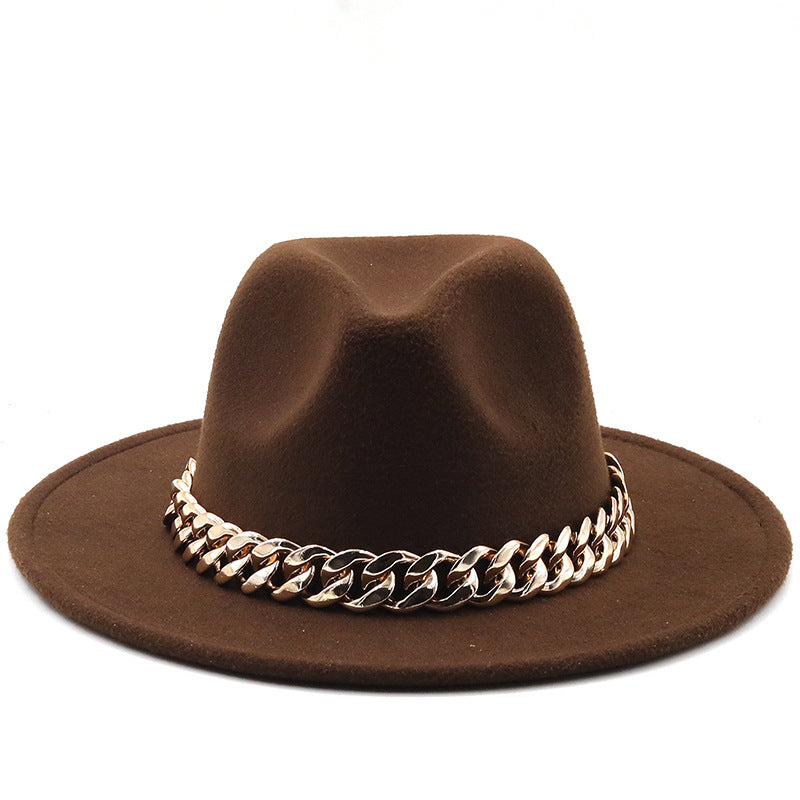 Fedora hat with large thick gold chain wide brim hat (56-58cm adjustable)