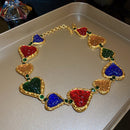 Diamond-Studded Multicolor Pleated Heart Shaped Middle-Aged Gold Court Style Vintage Collar Necklace