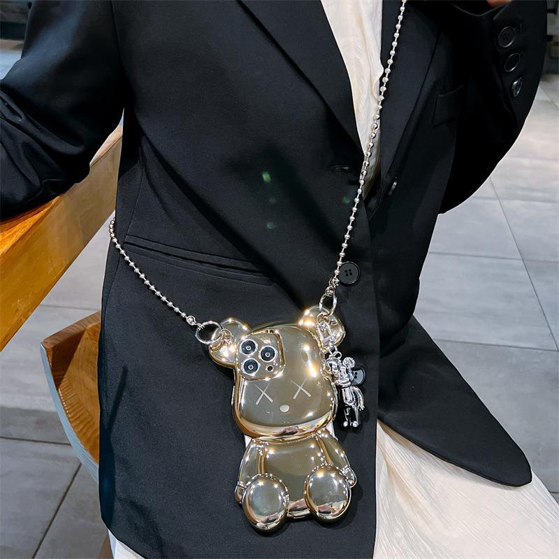 Luxury 3D Bear cute crossbody phone case for iPhone 13 Pro Max and 14 Pro Max sparkle bling cover with metal chain