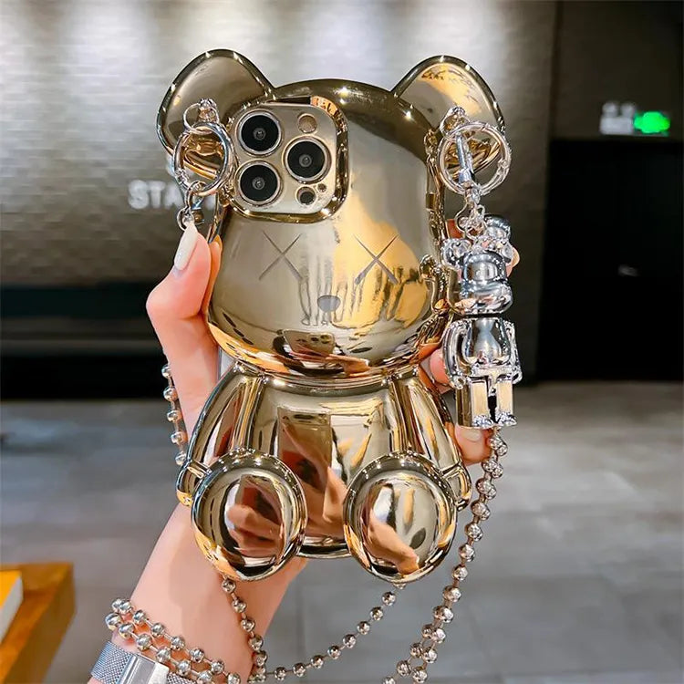 Luxury 3D Bear cute crossbody phone case for iPhone 13 Pro Max and 14 Pro Max sparkle bling cover with metal chain