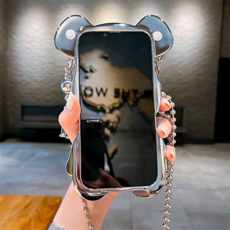 Luxury 3D Bear cute crossbody phone case for iPhone 13 Pro Max and 14 Pro Max sparkle bling cover with metal chain