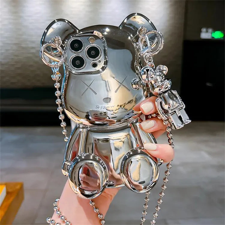 Luxury 3D Bear cute crossbody phone case for iPhone 13 Pro Max and 14 Pro Max sparkle bling cover with metal chain