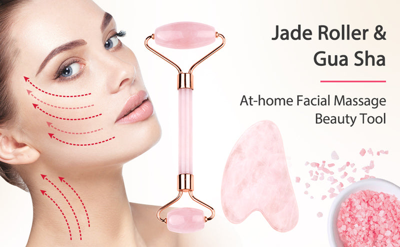 Jade Roller & Gua Sha, Face Roller, Facial Beauty Roller Skin Care Tools Rose Quartz Massager for Face, Eyes, Neck, Body Muscle (Pink)