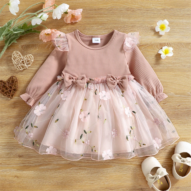 Baby Girl Long-sleeve Bowknot Lace Mesh Party Dress