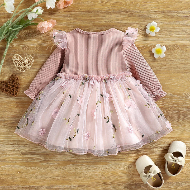 Baby Girl Long-sleeve Bowknot Lace Mesh Party Dress