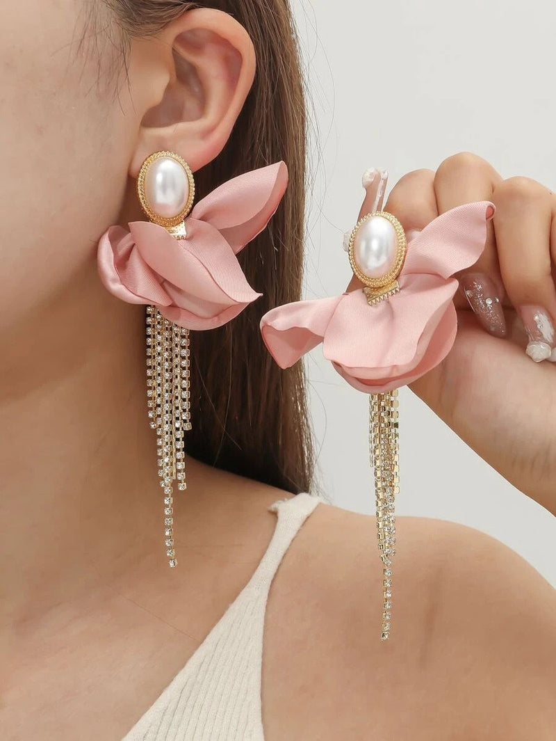 Flower Rhinestone Tassel Earrings