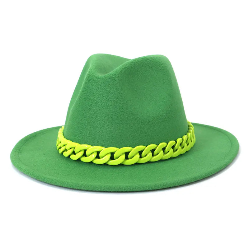 Wide brim fedora felt fedora with plastic chain