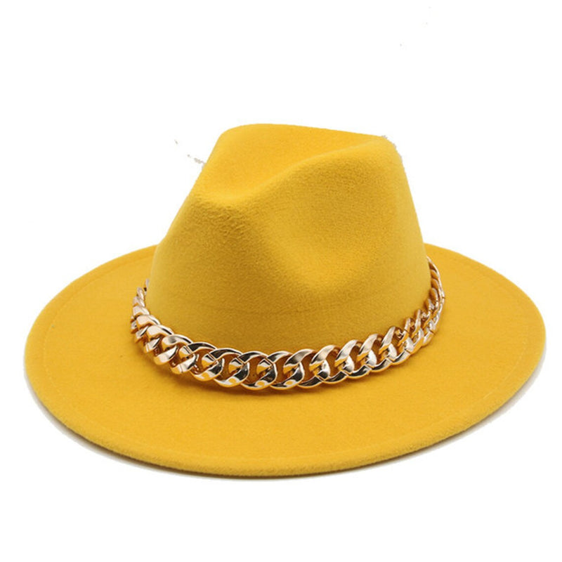 Fedora Hats with large thick gold chain Fedora Hats for Women Wide Brim Fashionable Women's Fedoras Dress Hat - FayaChoice