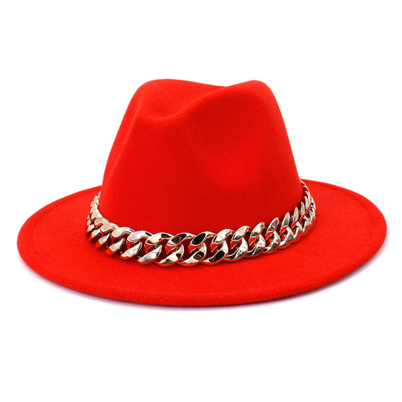 Fedora Hats with large thick gold chain Fedora Hats for Women Wide Brim Fashionable Women's Fedoras Dress Hat - FayaChoice