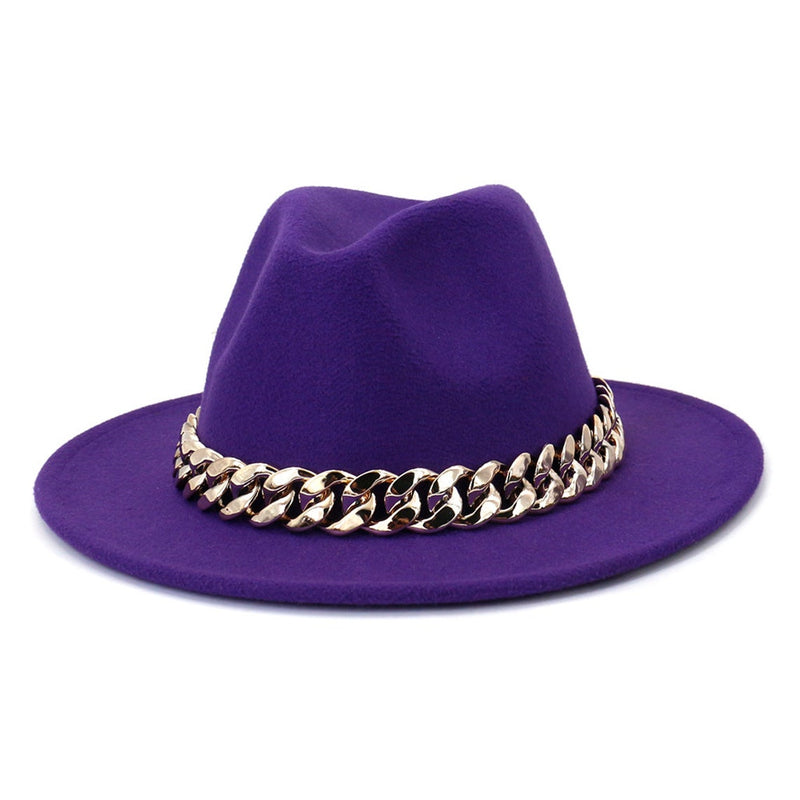 Fedora Hats with large thick gold chain Fedora Hats for Women Wide Brim Fashionable Women's Fedoras Dress Hat - FayaChoice