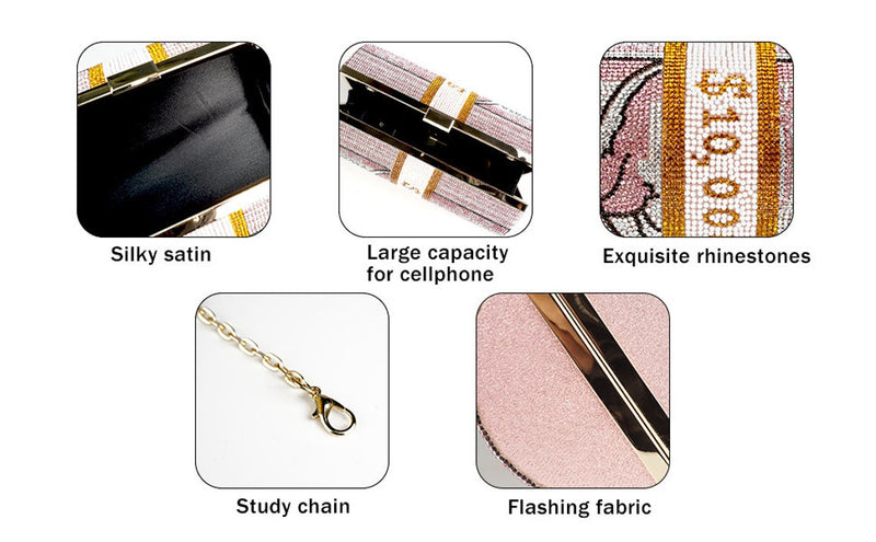 2 Pieces Set Rhinestone US Dollar Purse Evening Handbags Wedding Dinner Bag Stack of Cash Clutch Purses Wallet with Crystal Headbands - FayaChoice