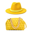 Purse and Hat Set 2 pcs Wide brim fedora felt fedora with plastic chain and Women Fashion Thick Chain Solid Color PU Crossbody Bag - FayaChoice