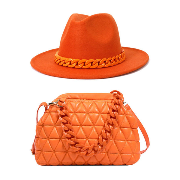 Purse and Hat Set 2 pcs Wide brim fedora felt fedora with plastic chain and Women Fashion Thick Chain Solid Color PU Crossbody Bag - FayaChoice