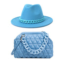 Purse and Hat Set 2 pcs Wide brim fedora felt fedora with plastic chain and Women Fashion Thick Chain Solid Color PU Crossbody Bag - FayaChoice