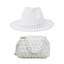 Purse and Hat Set 2 pcs Wide brim fedora felt fedora with plastic chain and Women Fashion Thick Chain Solid Color PU Crossbody Bag - FayaChoice
