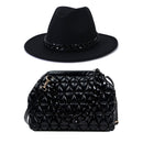 Purse and Hat Set 2 pcs Wide brim fedora felt fedora with plastic chain and Women Fashion Thick Chain Solid Color PU Crossbody Bag - FayaChoice