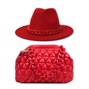 Purse and Hat Set 2 pcs Wide brim fedora felt fedora with plastic chain and Women Fashion Thick Chain Solid Color PU Crossbody Bag - FayaChoice