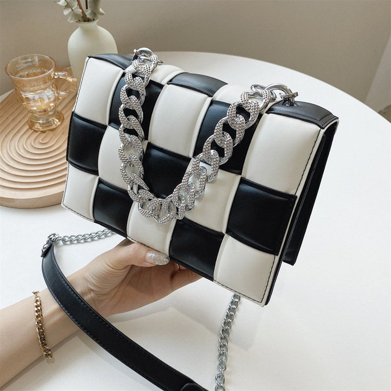 Thick Chain Design Color Blocking Patchwork Woven Crossbody Handle Bag - FayaChoice