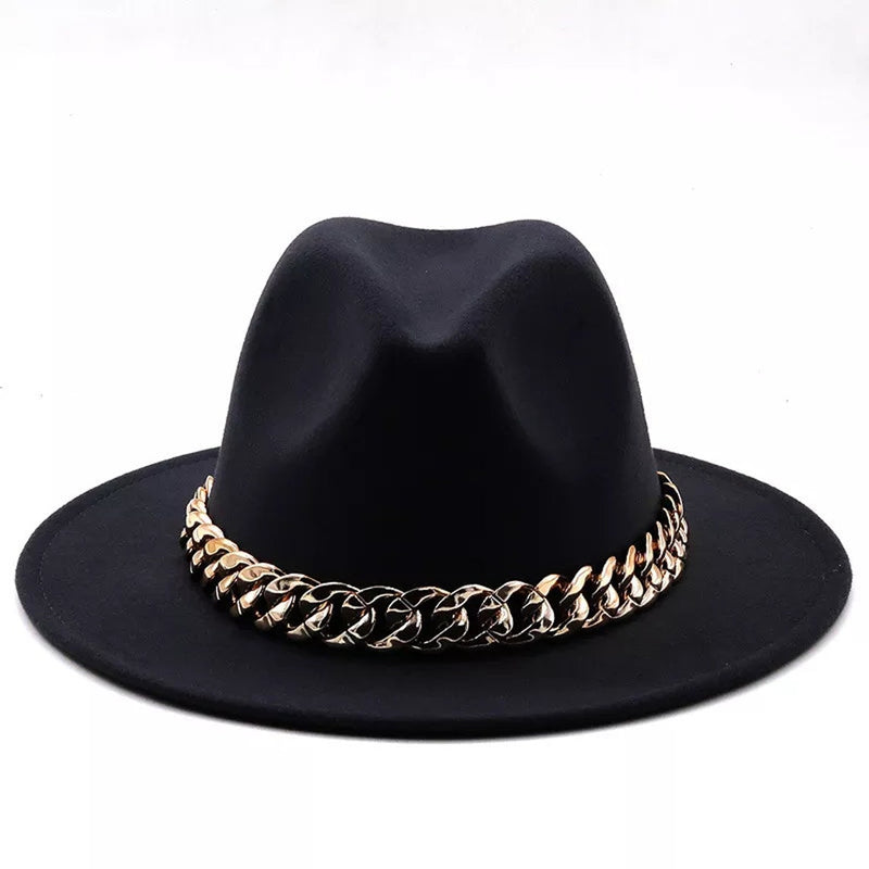 Fedora Hats with large thick gold chain Fedora Hats for Women Wide Brim Fashionable Women's Fedoras Dress Hat - FayaChoice