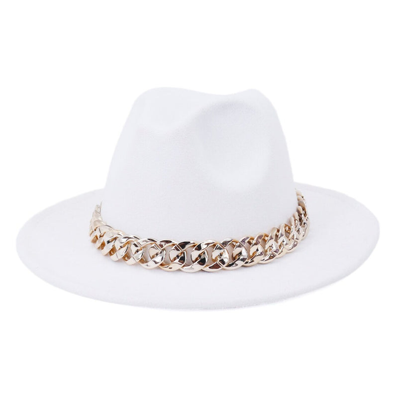 Fedora Hats with large thick gold chain Fedora Hats for Women Wide Brim Fashionable Women's Fedoras Dress Hat - FayaChoice