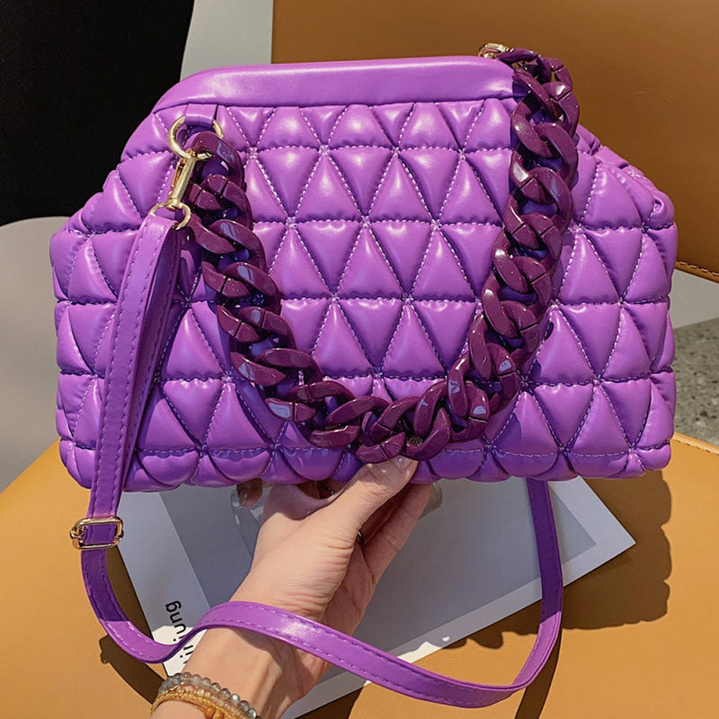 Women Fashion Thick Chain Decoration Rhombus Stitching Design Solid Color PU Crossbody Bag - FayaChoice