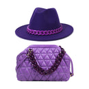 Purse and Hat Set 2 pcs Wide brim fedora felt fedora with plastic chain and Women Fashion Thick Chain Solid Color PU Crossbody Bag - FayaChoice
