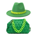 Purse and Hat Set 2 pcs Wide brim fedora felt fedora with plastic chain and Women Fashion Thick Chain Solid Color PU Crossbody Bag - FayaChoice