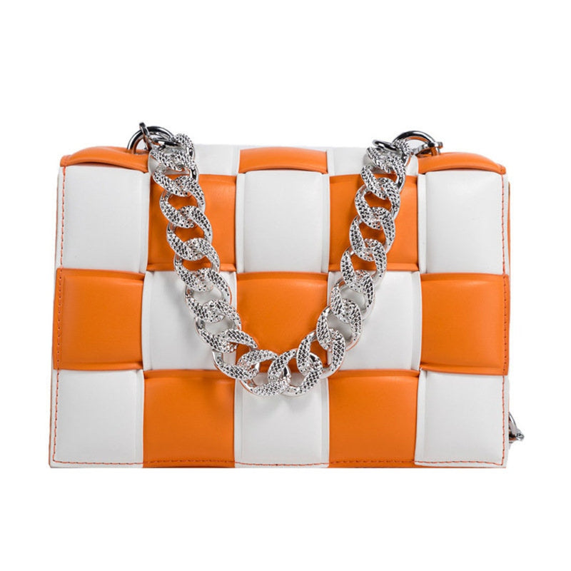 Thick Chain Design Color Blocking Patchwork Woven Crossbody Handle Bag - FayaChoice