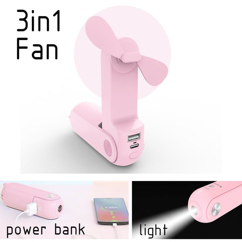 3 in 1 Handheld Mini Hand Fan Portable Mini Fan with Rechargeable Battery Portable Foldable Fan with Power Bank, USB Rechargeable - FayaChoice