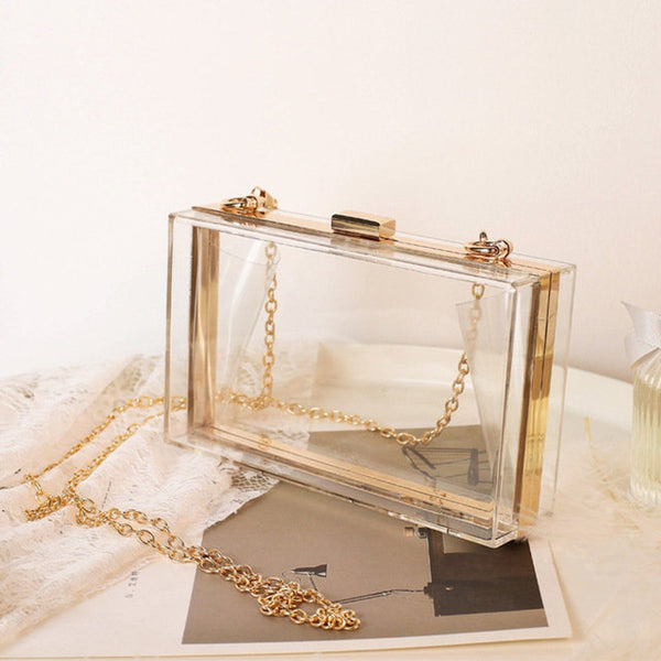 Women Clear Purse Acrylic Clear Clutch Bag, Shoulder Handbag With Removable Gold Chain Strap - FayaChoice