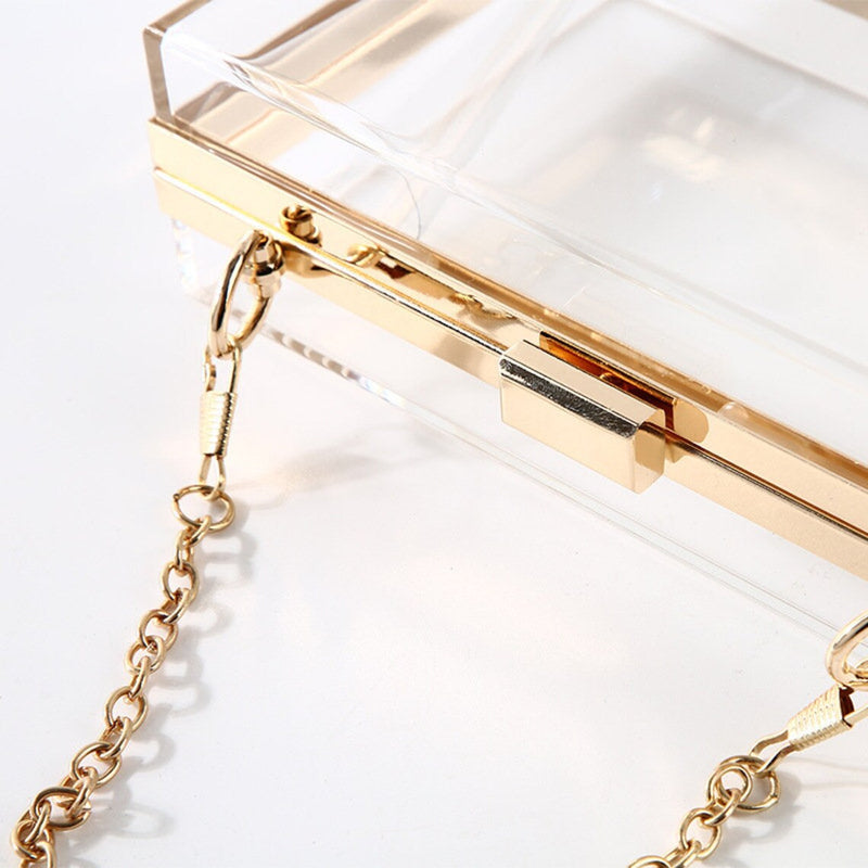 Women Clear Purse Acrylic Clear Clutch Bag, Shoulder Handbag With Removable Gold Chain Strap - FayaChoice