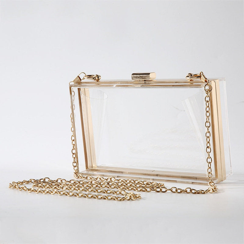 Women Clear Purse Acrylic Clear Clutch Bag, Shoulder Handbag With Removable Gold Chain Strap - FayaChoice