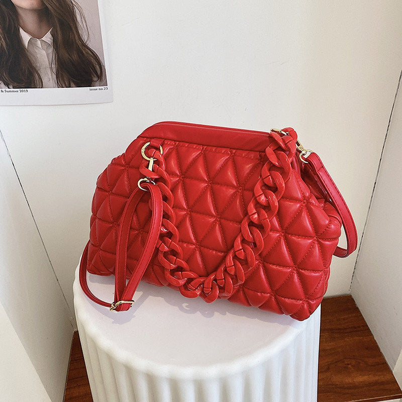 Women Fashion Thick Chain Decoration Rhombus Stitching Design Solid Color PU Crossbody Bag - FayaChoice