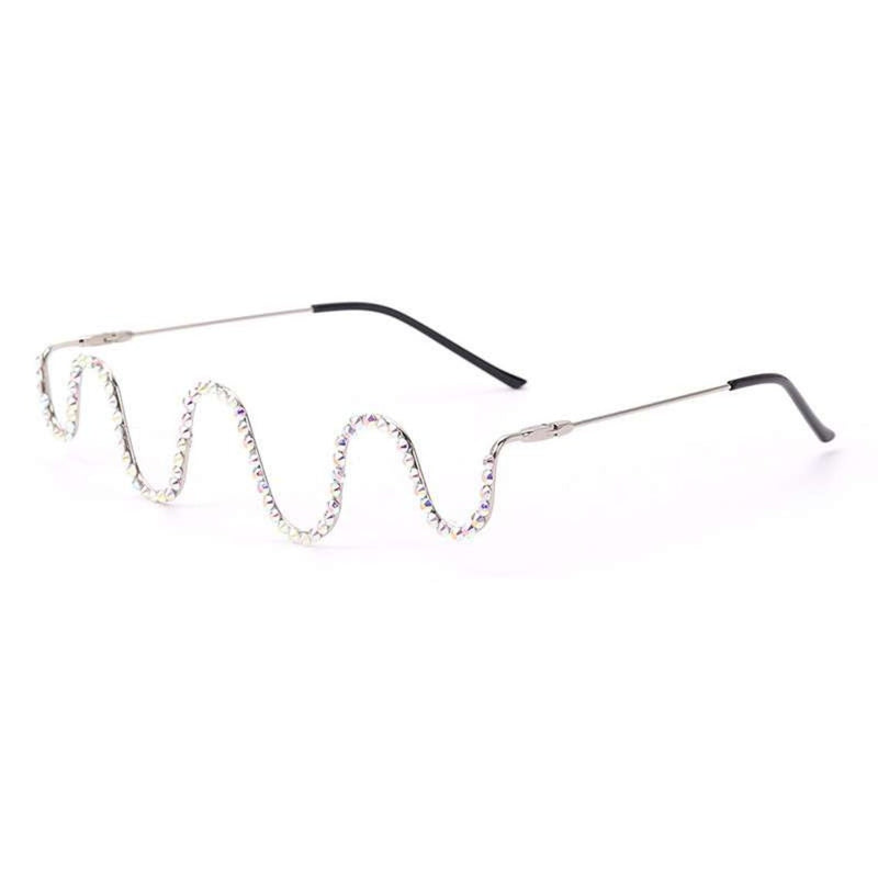 Silver Wave Shape Design Rhinestone Décor Glasses Frame Half Frame Eyeglasses Sparkling Rhinestone No Lens Glasses Decorative Sunglasses - FayaChoice