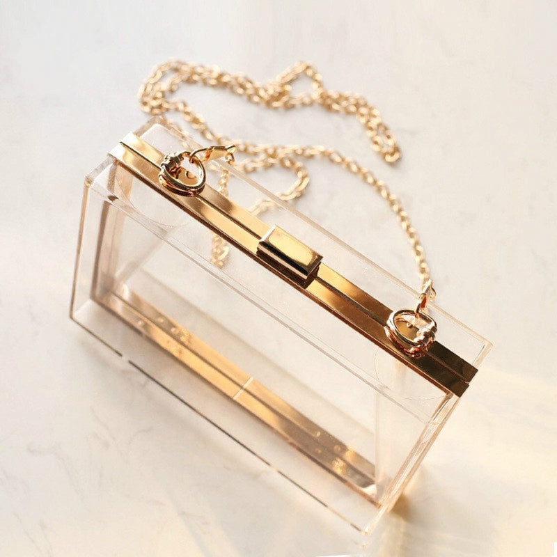 Women Clear Purse Acrylic Clear Clutch Bag, Shoulder Handbag With Removable Gold Chain Strap - FayaChoice