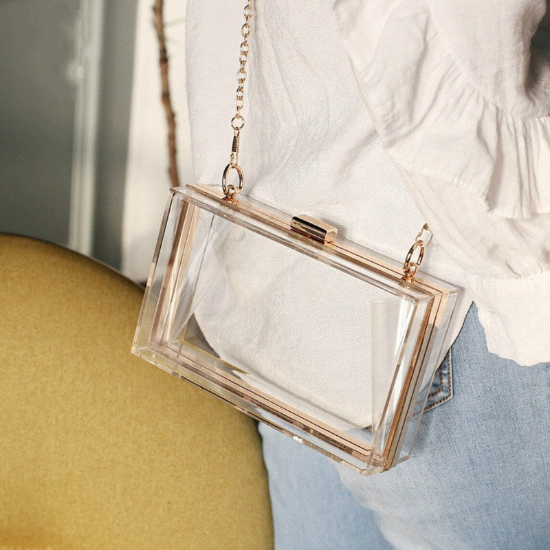 Women Clear Purse Acrylic Clear Clutch Bag, Shoulder Handbag With Removable Gold Chain Strap - FayaChoice