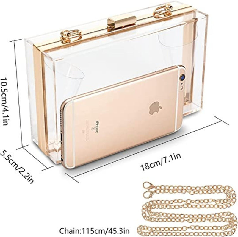 Women Clear Purse Acrylic Clear Clutch Bag, Shoulder Handbag With Removable Gold Chain Strap - FayaChoice