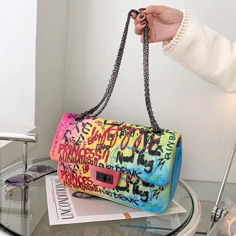 Graffiti Handbags for Women Cute Leather Shoulder Purse Bags with Zipper - FayaChoice