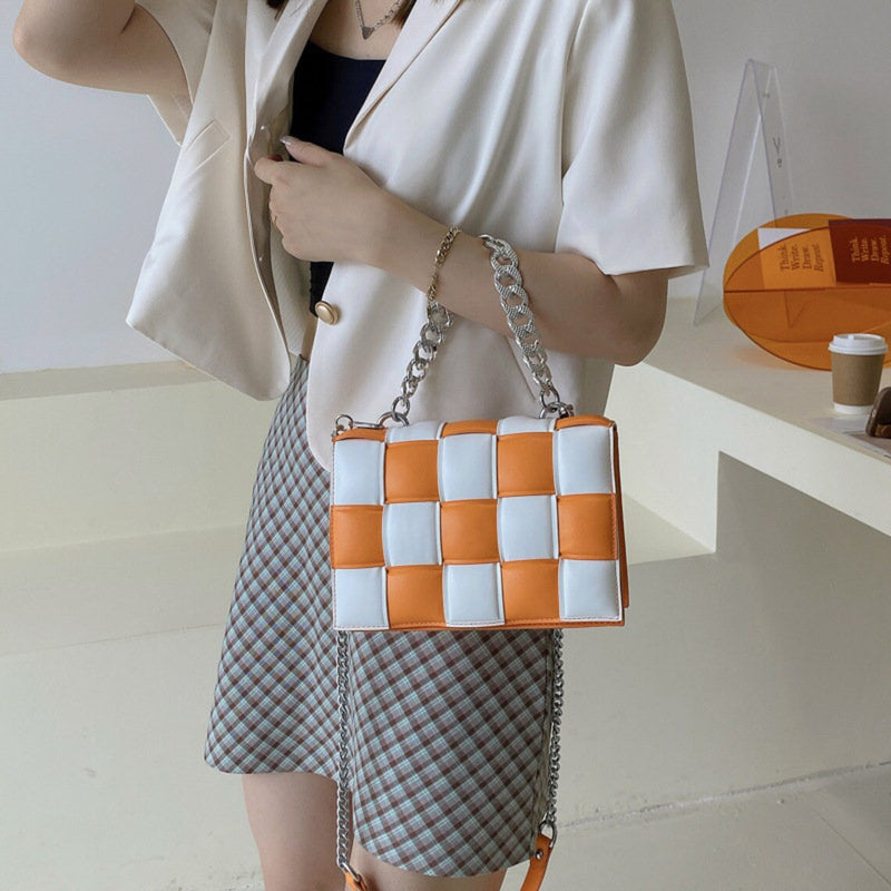 Thick Chain Design Color Blocking Patchwork Woven Crossbody Handle Bag - FayaChoice