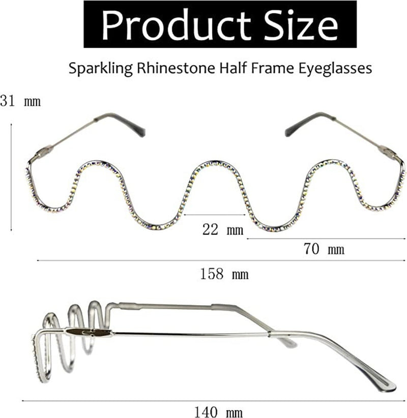 Silver Wave Shape Design Rhinestone Décor Glasses Frame Half Frame Eyeglasses Sparkling Rhinestone No Lens Glasses Decorative Sunglasses - FayaChoice