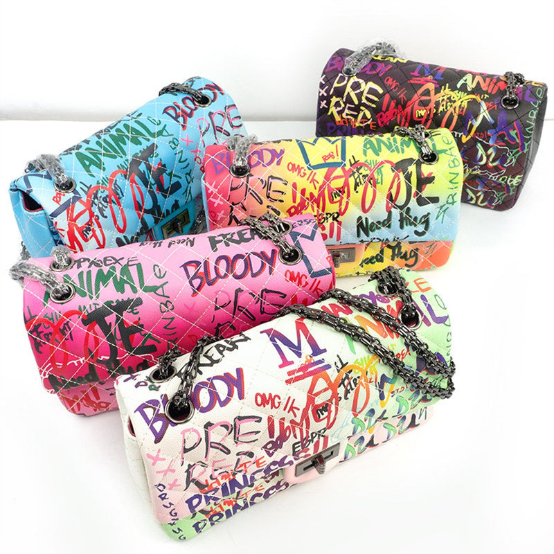 Graffiti Handbags for Women Cute Leather Shoulder Purse Bags with Zipper - FayaChoice