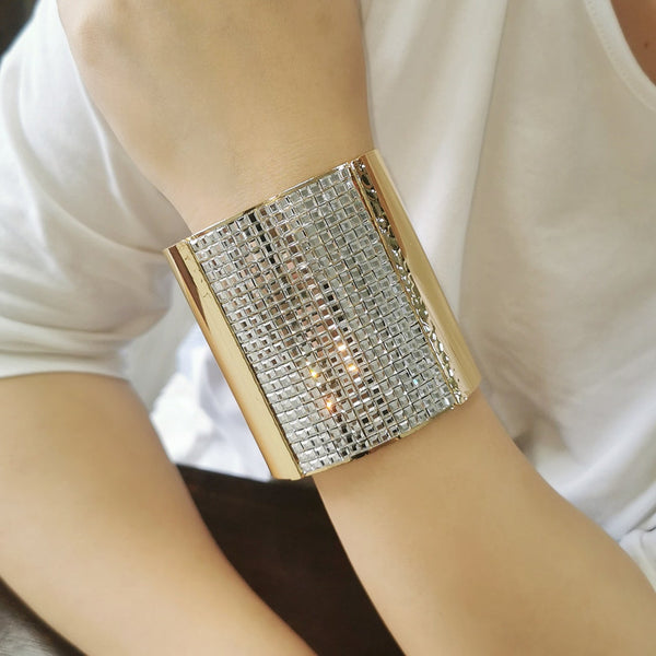 Luxury Sparkling Rhinestones Gold Color Alloy Cuff Bracelets Big Bangles - FayaChoice