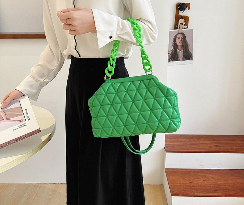 Women Fashion Thick Chain Decoration Rhombus Stitching Design Solid Color PU Crossbody Bag - FayaChoice