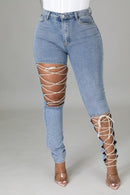 New Fashion Streetwear Sexy Pants Blue Skinny Lace Up Jeans Slim Denim Ripped Jeans Pants For Women - FayaChoice