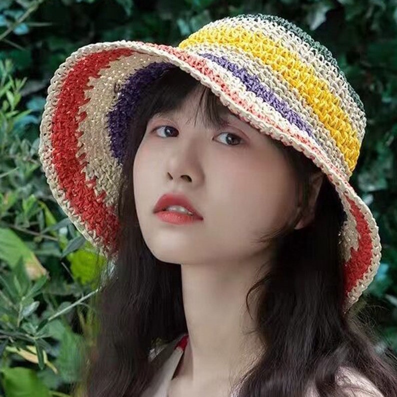 Sun Hat for Women Women Rainbow Straw Hat Summer Casual Straw Fisherma