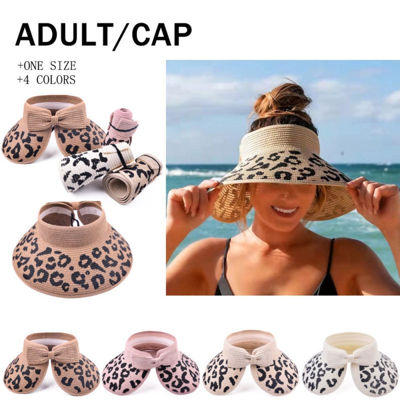 Women Sun Visors Wide Brim Foldable Packable Ponytail Beach Hat Straw Leopard Roll Up Bow Visor Sun Hats - FayaChoice