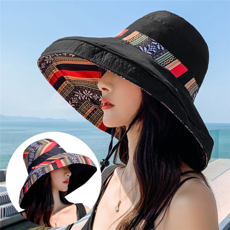 NC Anti-ultraviolet Hat, Women's Hat, Printed Double-sided Fisherman Hat,  Fashionable Outdoor Big-brimmed Sun Hat, Seaside Holiday, Small Face Effect