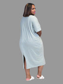 Light Gray Casual Dress Loose Letter Print Short Sleeves Round Neck Back-Slit Dress - FayaChoice