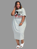 Light Gray Casual Dress Loose Letter Print Short Sleeves Round Neck Back-Slit Dress - FayaChoice