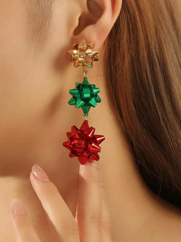 Women Christmas Earrings Bows Flower Piercing Dangle Earrings Gold Green Red for women and girls